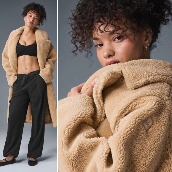 ALO YOGA Oversized Sherpa Trench in Camel sz Medium Teddy Coat Kendall Jenner - Picture 6 of 14
